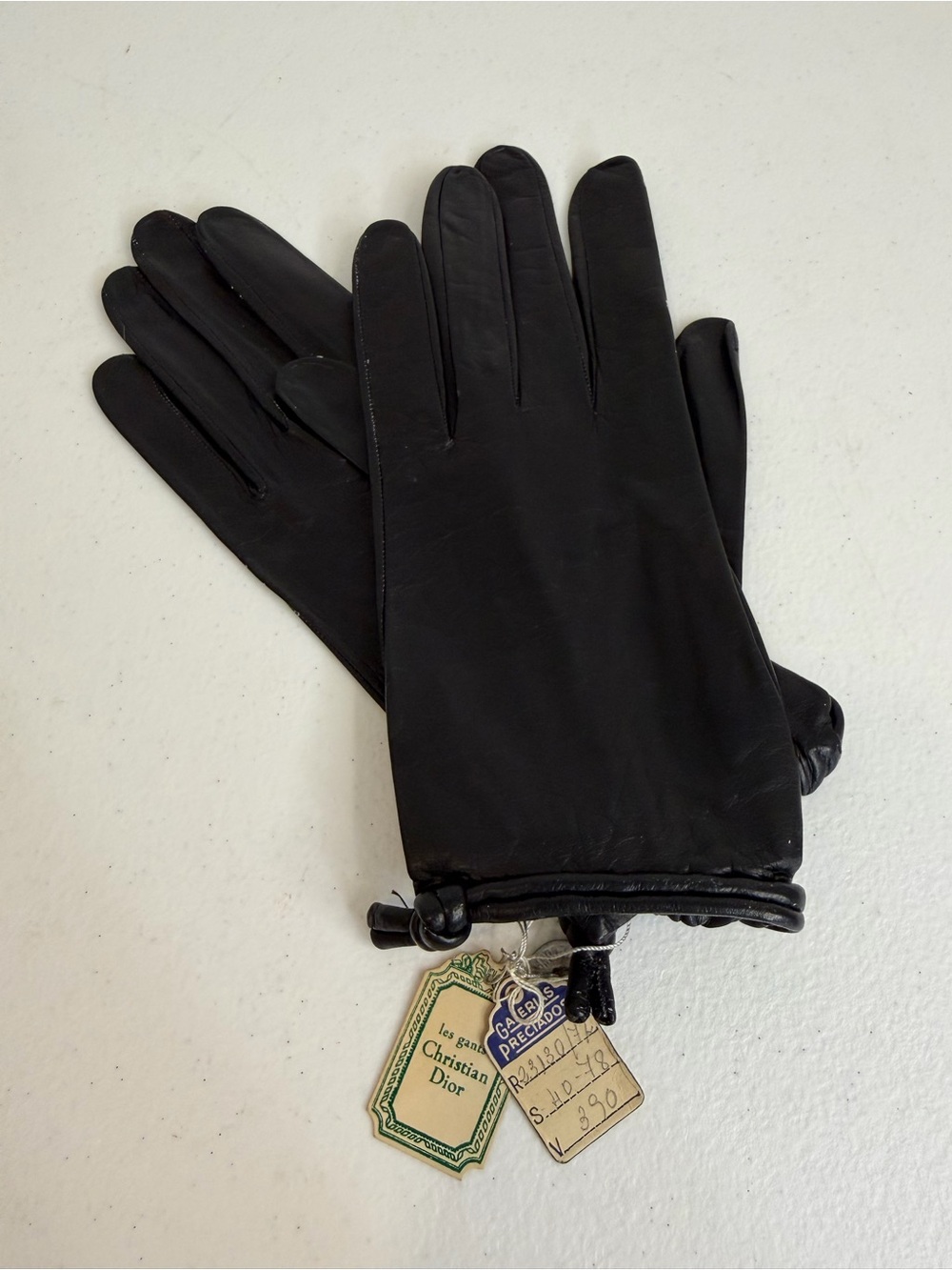 Vintage Christian Dior Black Leather Gloves Rolled Cuff Size 7½